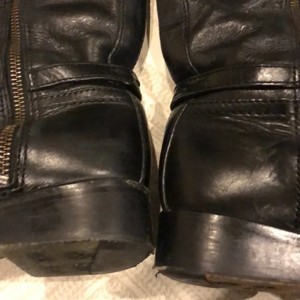 Tory Burch Aaden Black Leather Riding Boots Size 6 Silver Logo Tall Knee High